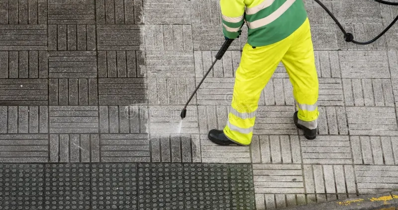 worker cleaning street sidewalk high pressure water jet worker cleaning street sidewalk high pressure water jet