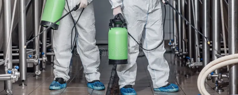 cleaning production guys hazmat suits disinfect equipment cleaning craft beer production guys hazmat suits masks