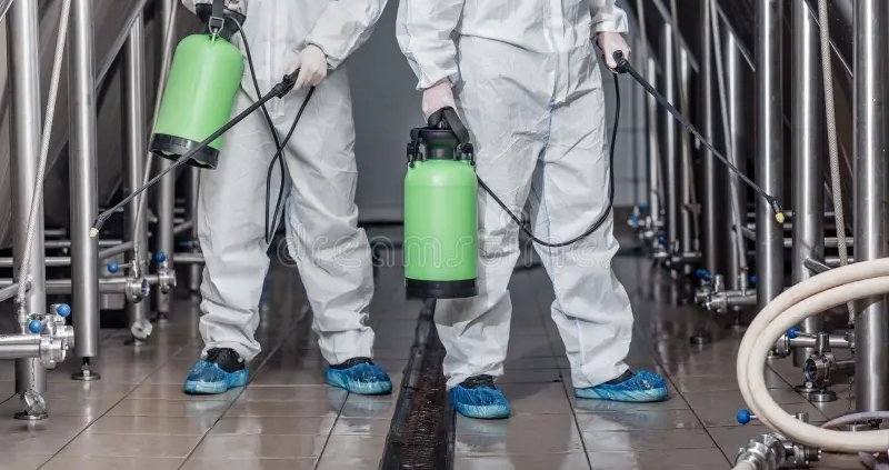 cleaning production guys hazmat suits disinfect equipment cleaning craft beer production guys hazmat suits masks