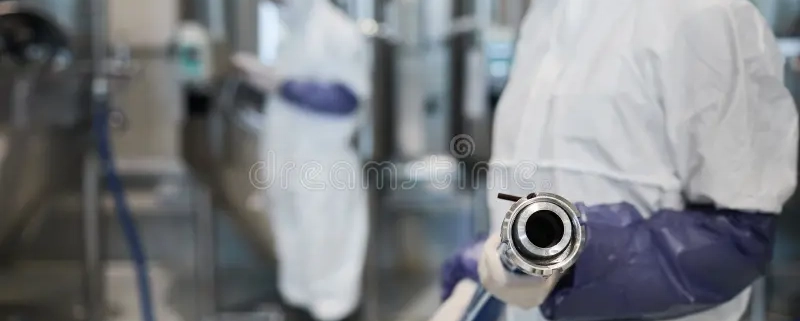 worker pointing hose camera chemical plant close up unrecognizable wearing protective suit holding hoae workshop copy